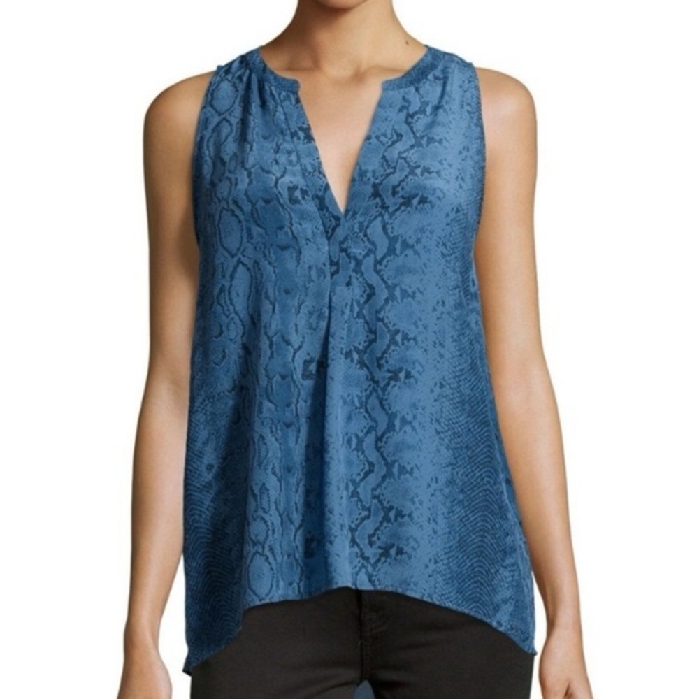 Joie Aruna split-neck sleeveless silk blouse with a blue snakeskin print Size XS